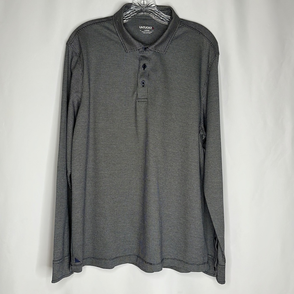 Untuckit Damaschino Diamond Birdseye Golf Polo Long Sleeve Navy and white sz L
